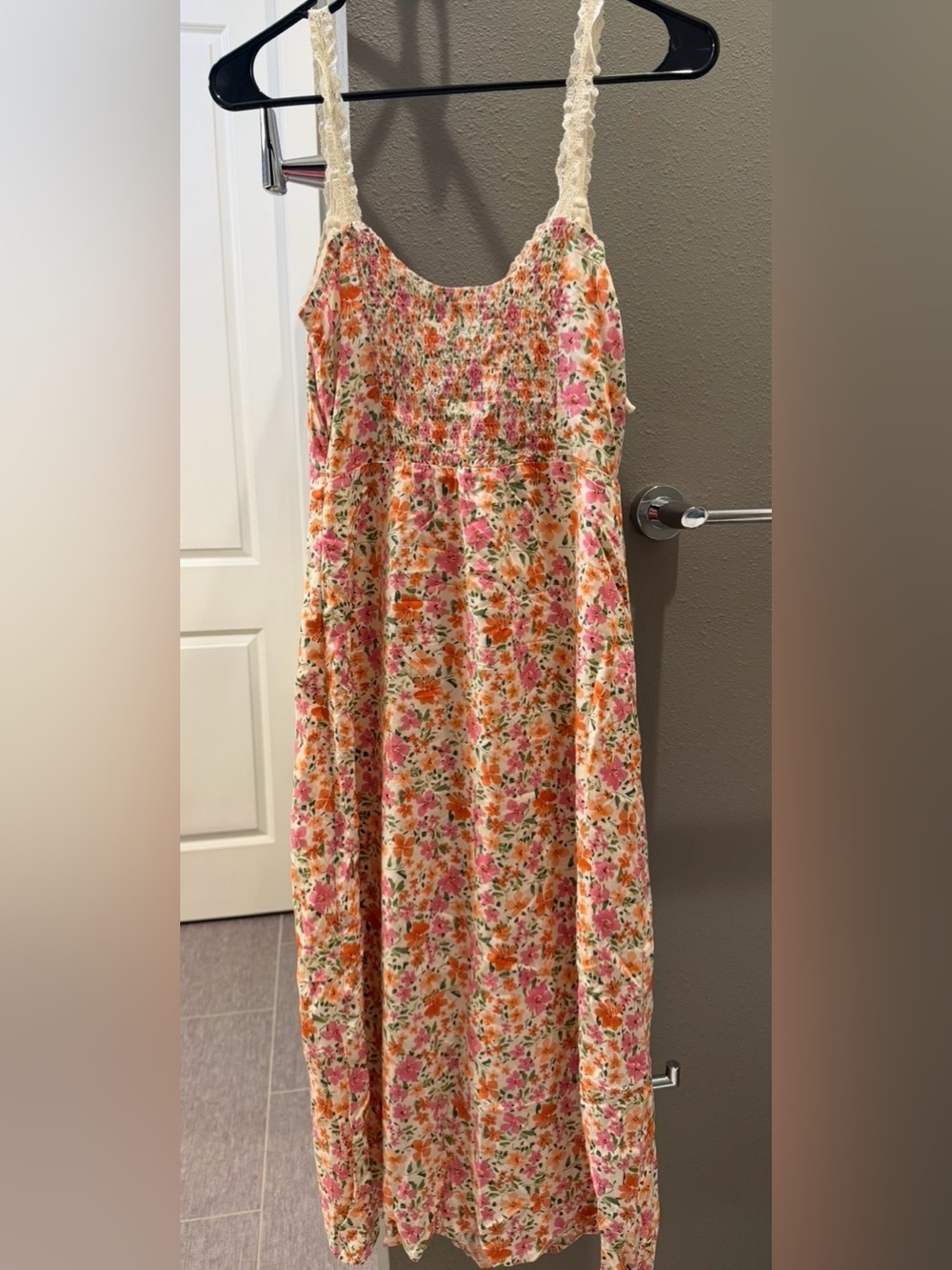 Commense Cream Floral Midi Dress with Pink and Orange Blossoms - Picture 4 of 4